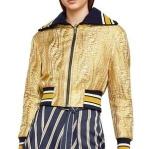 BCBGMAXAZRIA Gold Metallic‎ Bomber Jacket Varsity Striped Collar XXS NWT